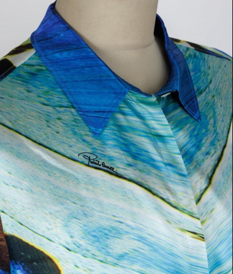 ROBERTO CAVALLI Синяя шелковая блузка с принтом