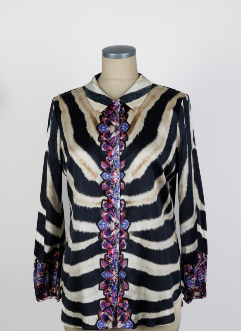 ROBERTO CAVALLI Multicolor Zebra-Print Silk Shirt | Size IT 42 | New, Never Worn | Made in Italy