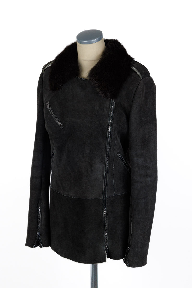 ERMANNO SCERVINO gray leather jacket with luxurious fur collar