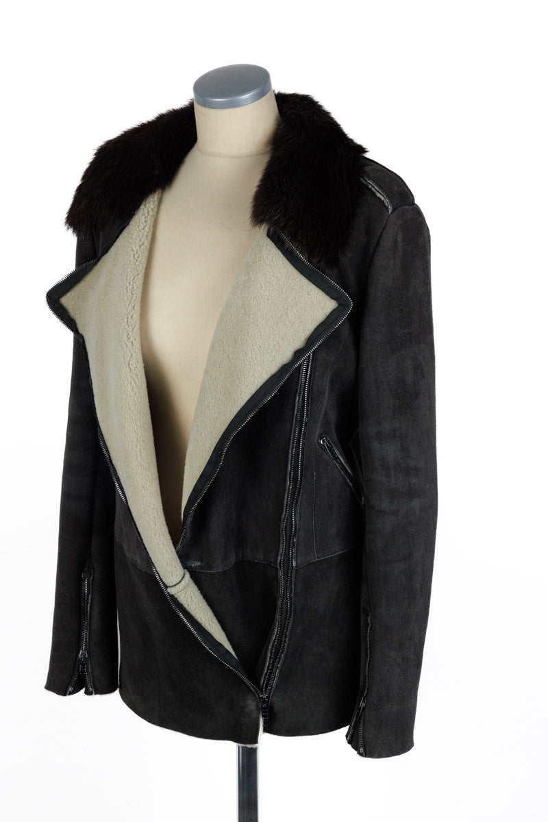 ERMANNO SCERVINO gray leather jacket with luxurious fur collar, size IT 40 