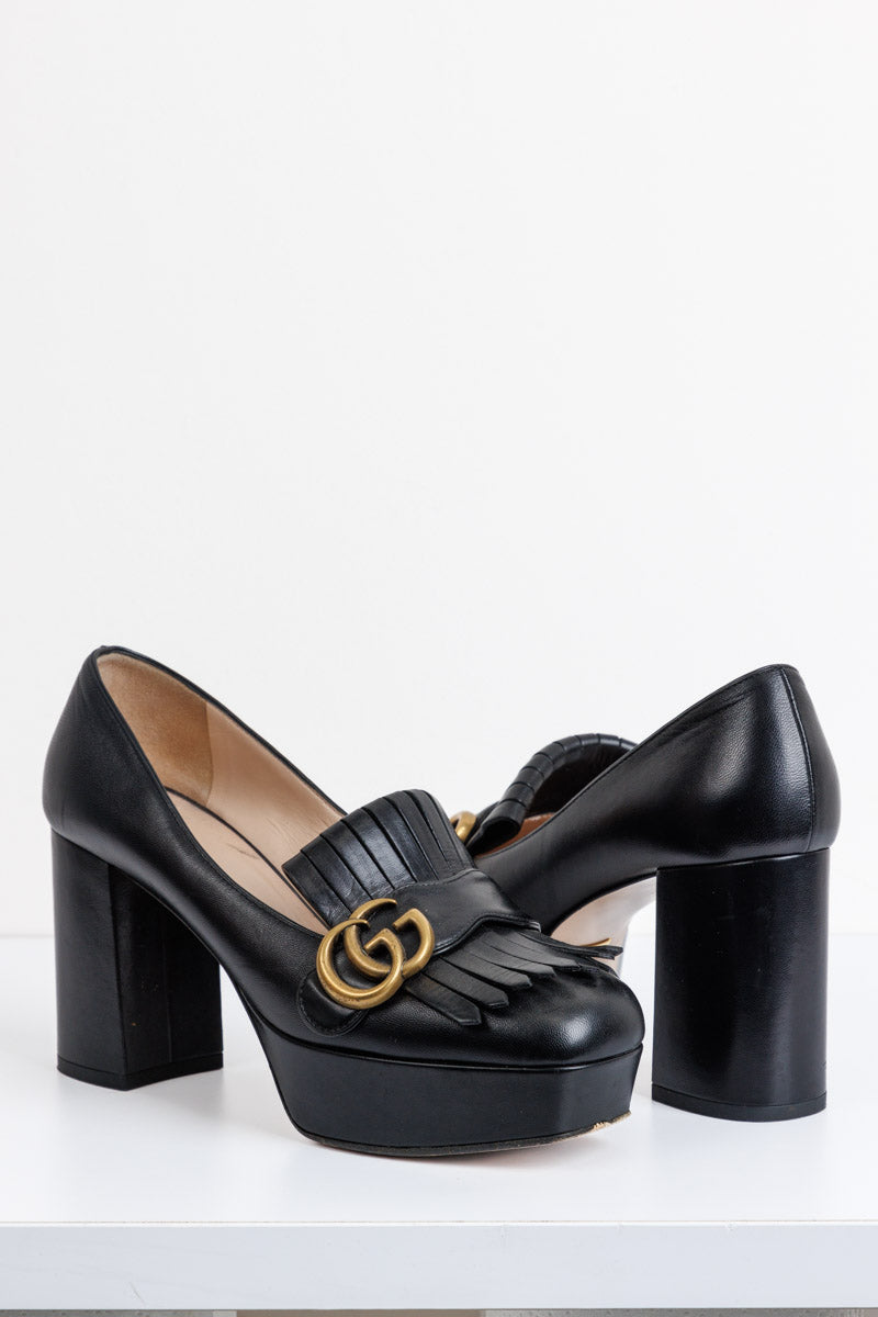 GUCCI Black Leather GG Marmont Fringe Platform Loafer Pumps