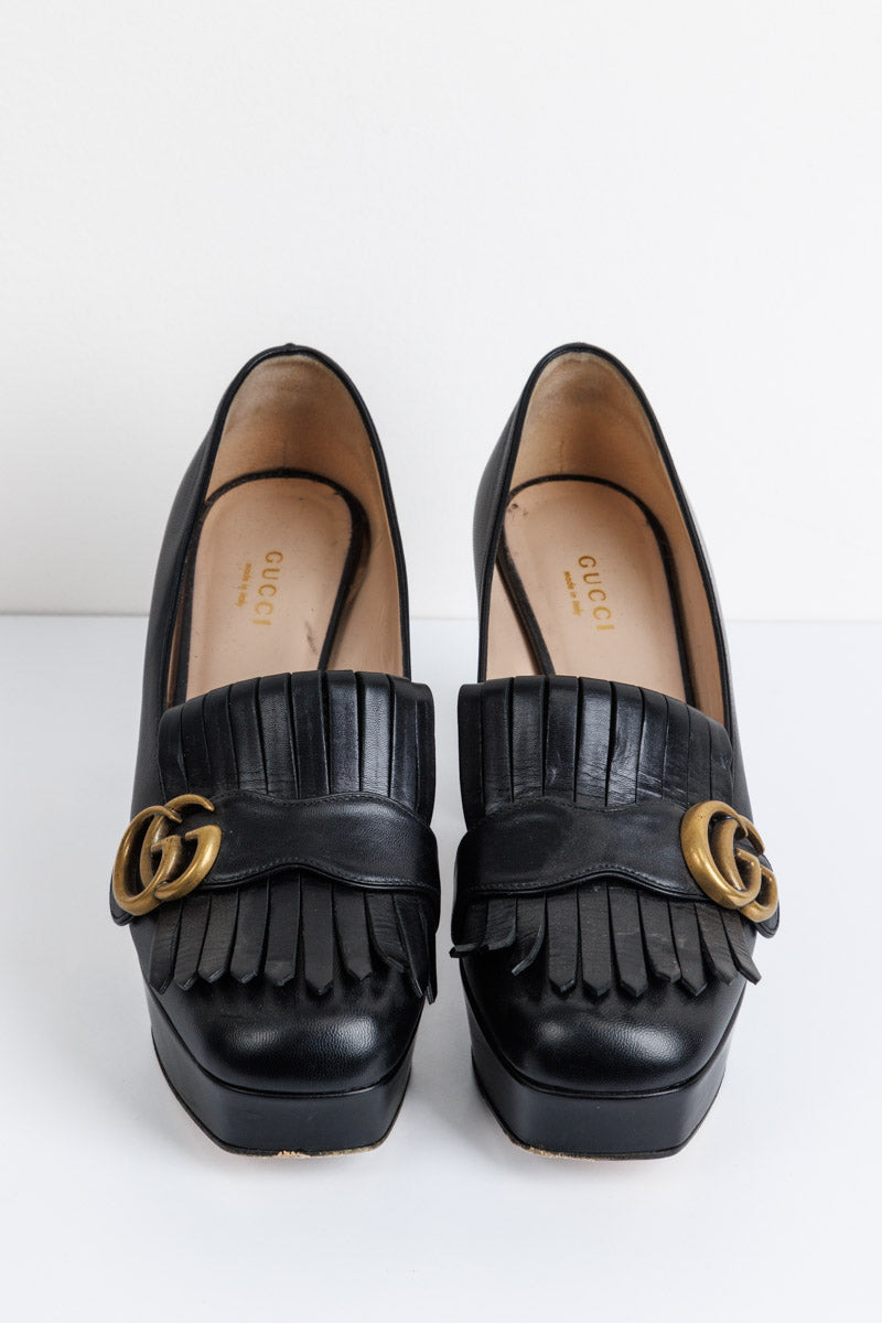 GUCCI Black Leather GG Marmont Fringe Platform Loafer Pumps | Size IT 37.5 | Very Good Condition | Made in Italy