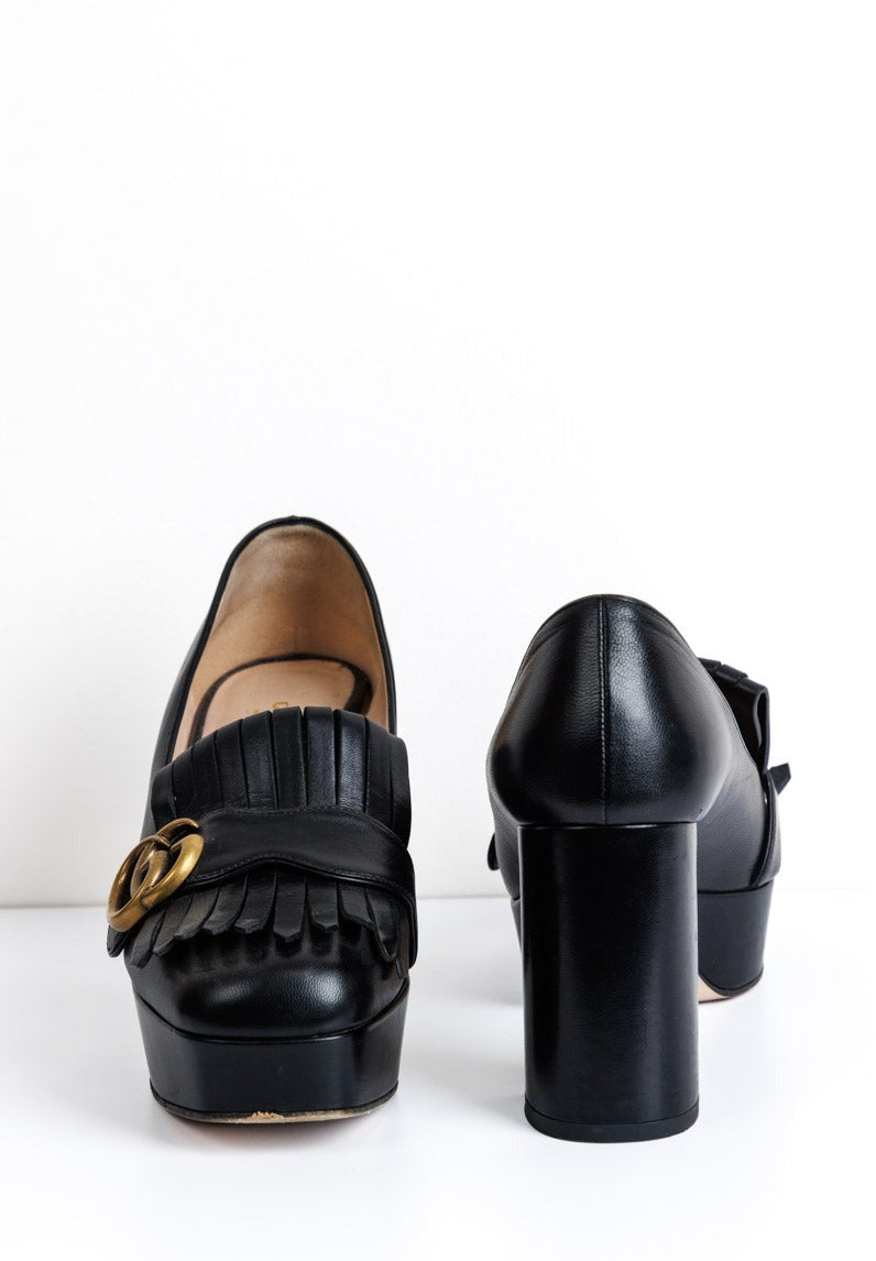 GUCCI Black Leather GG Marmont Fringe Platform Loafer Pumps 