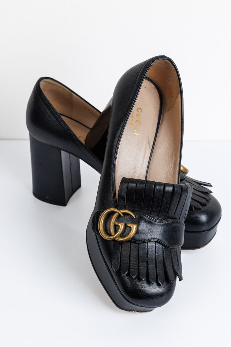 GUCCI Black Leather GG Marmont Fringe Platform Loafer Pumps | Size IT 37.5 | Very Good Condition | Made in Italy