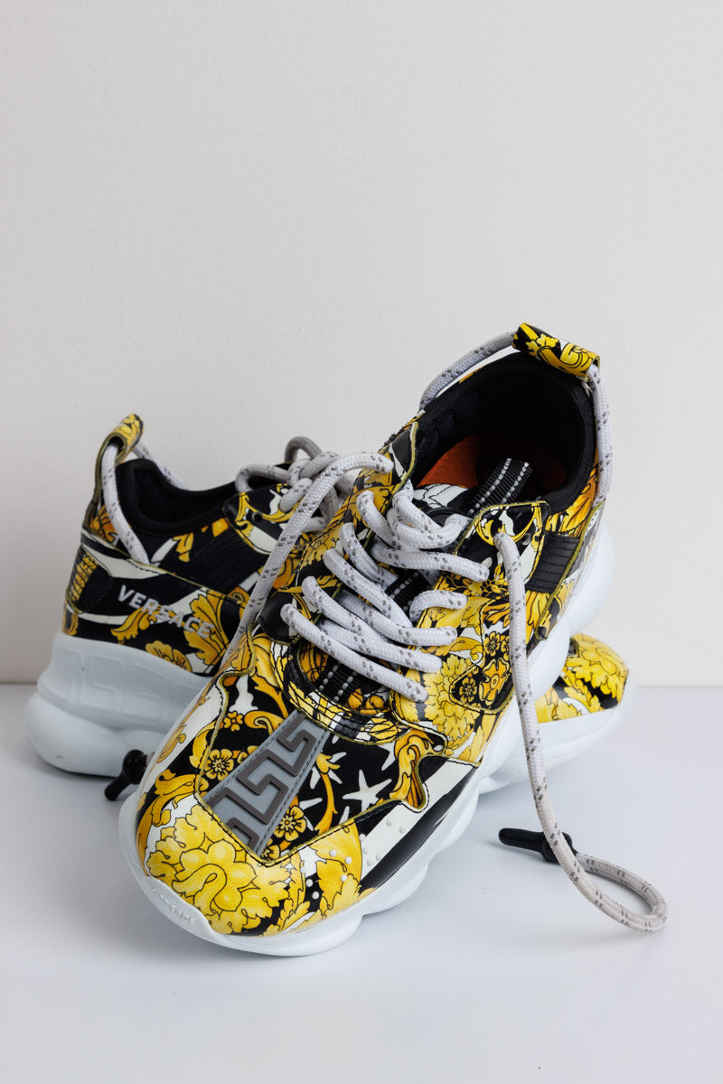 VERSACE Yellow & Black Chain Barocco Reaction Sneakers - Size 36, Made in Italy