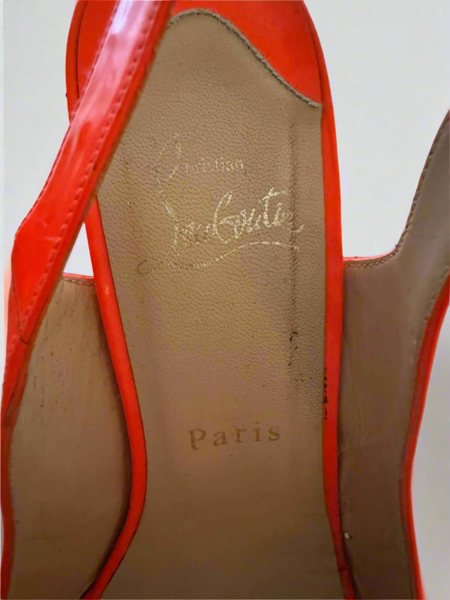 CHRISTIAN LOUBOUTIN Neon Orange Leather Une Plume Cork Wedge Platform Peep Toe Slingback Sandals Size 38