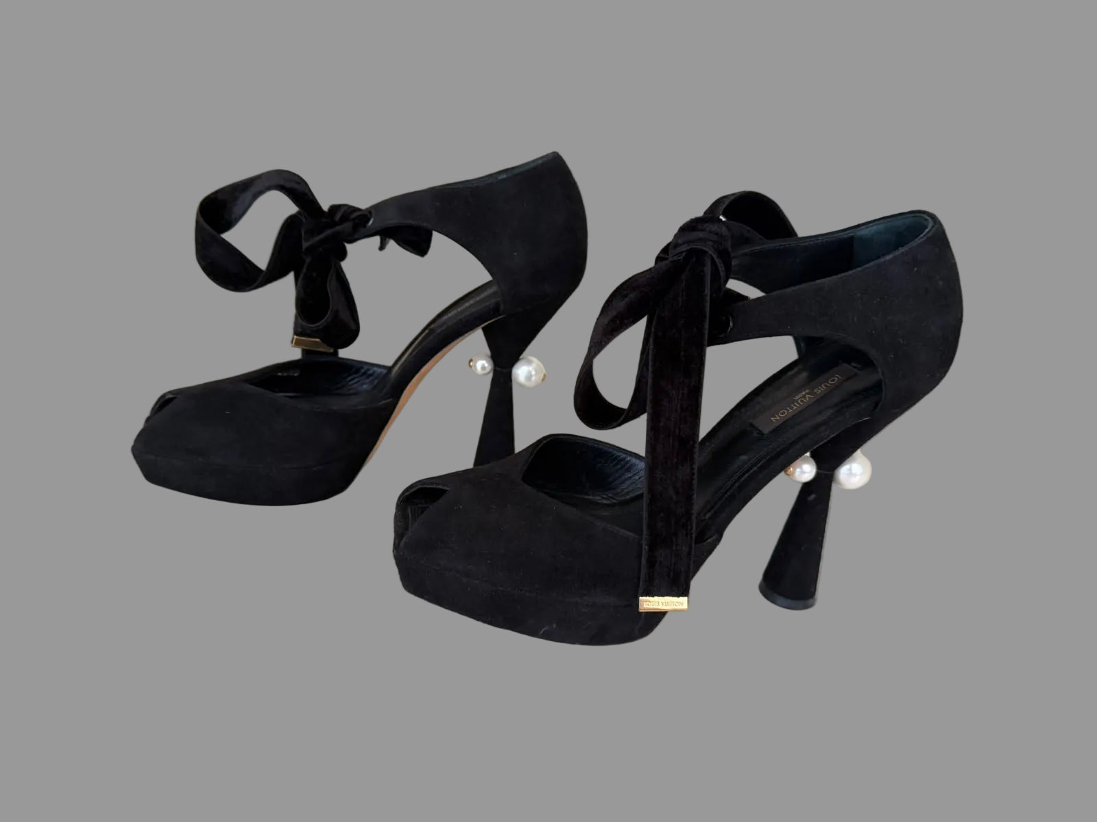 Authentic LOUIS VUITTON black suede pearl heel platform pumps with velvet ankle ties