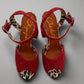 Red Charlotte Olympia raffia platform heels with ankle strap, featuring a chunky heel and leopard-print lining, worn only once, size IT 38, made in Italy.
