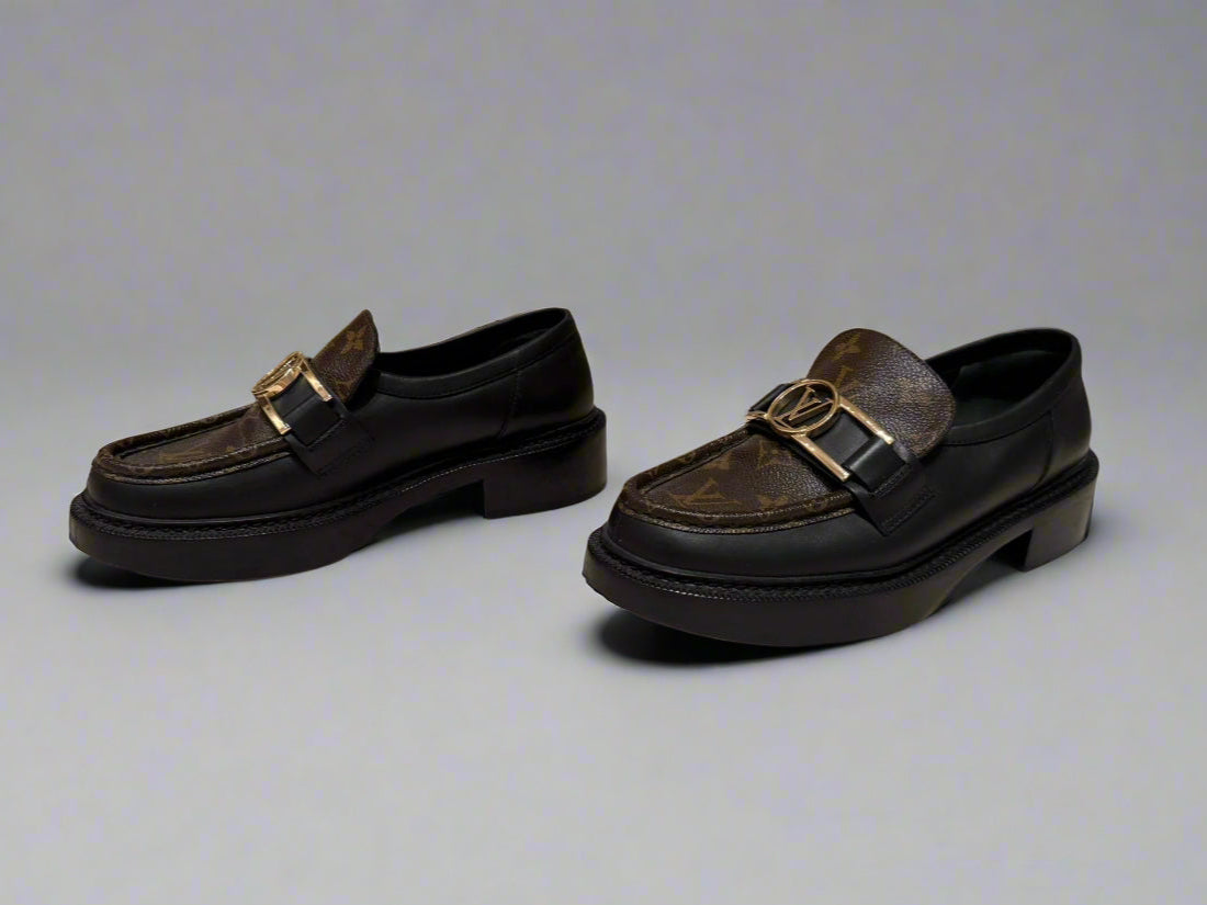 Louis Vuitton Monogram Loafers Size 38 – Black Leather and Monogram Canvas, Gold-Tone Hardware, Made in Italy