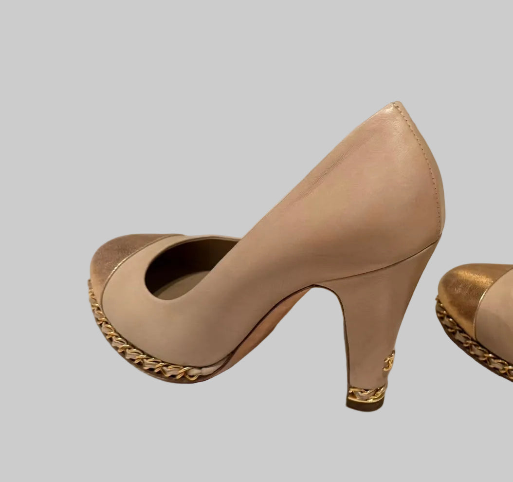 Authentic CHANEL Beige Metallic Gold Leather Cap Toe Chain Pumps IT 38.5 C Excellent Condition