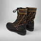 Luxury FENDI Black Leather Combat Boots with Chunky Sole and Knit Stretch Fabric Cuff – Size 37.5