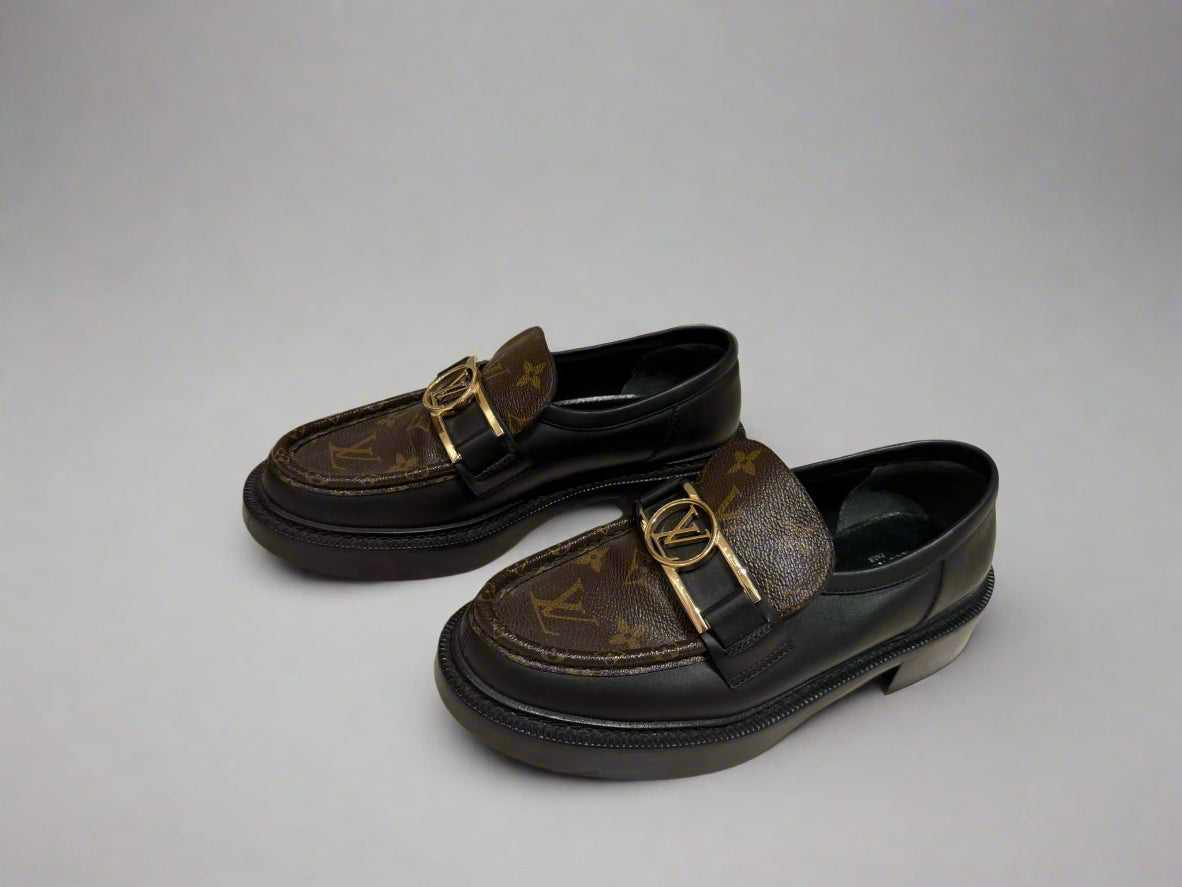 Louis Vuitton Monogram Loafers – Black Leather and Monogram Canvas, Gold-Tone Hardware, Made in Italy