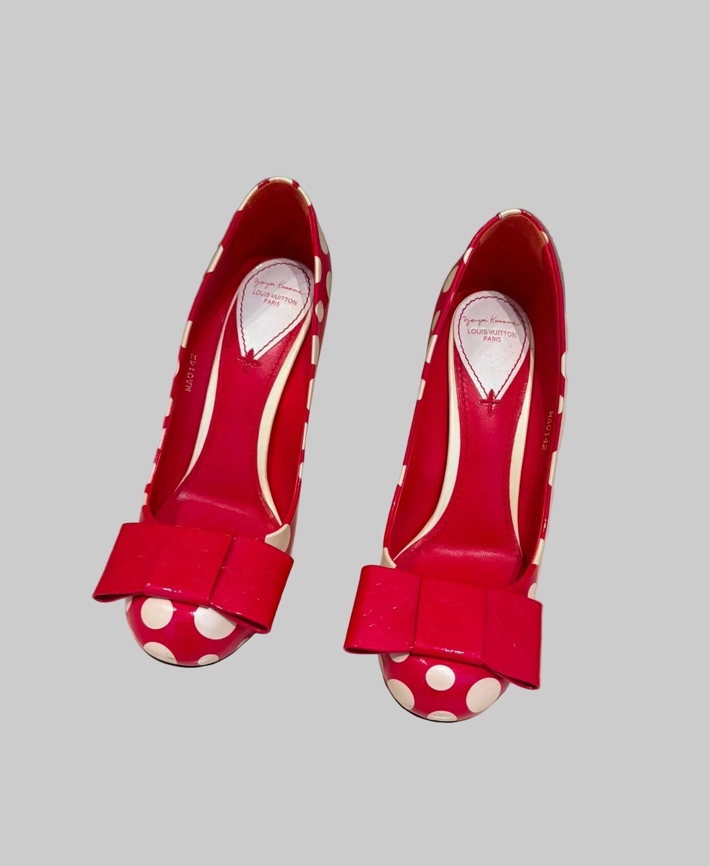 Louis Vuitton x Yayoi Kusama red patent leather pumps with white polka dots, oversized bow, chunky block heel