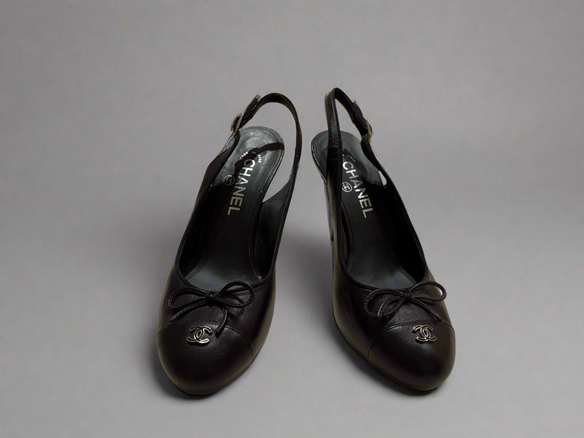 CHANEL Black Leather Slingback Heels – Luxury Designer Shoes, Size 38, Made in Italy – Elegant and Timeless Fashion