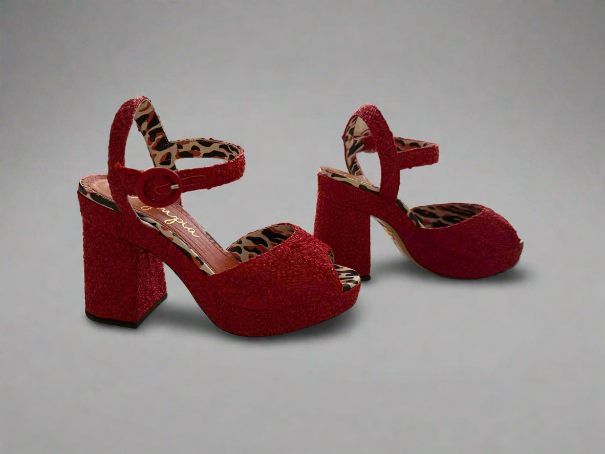 Red high-heeled shoes with leopard print details on a reflective surface.