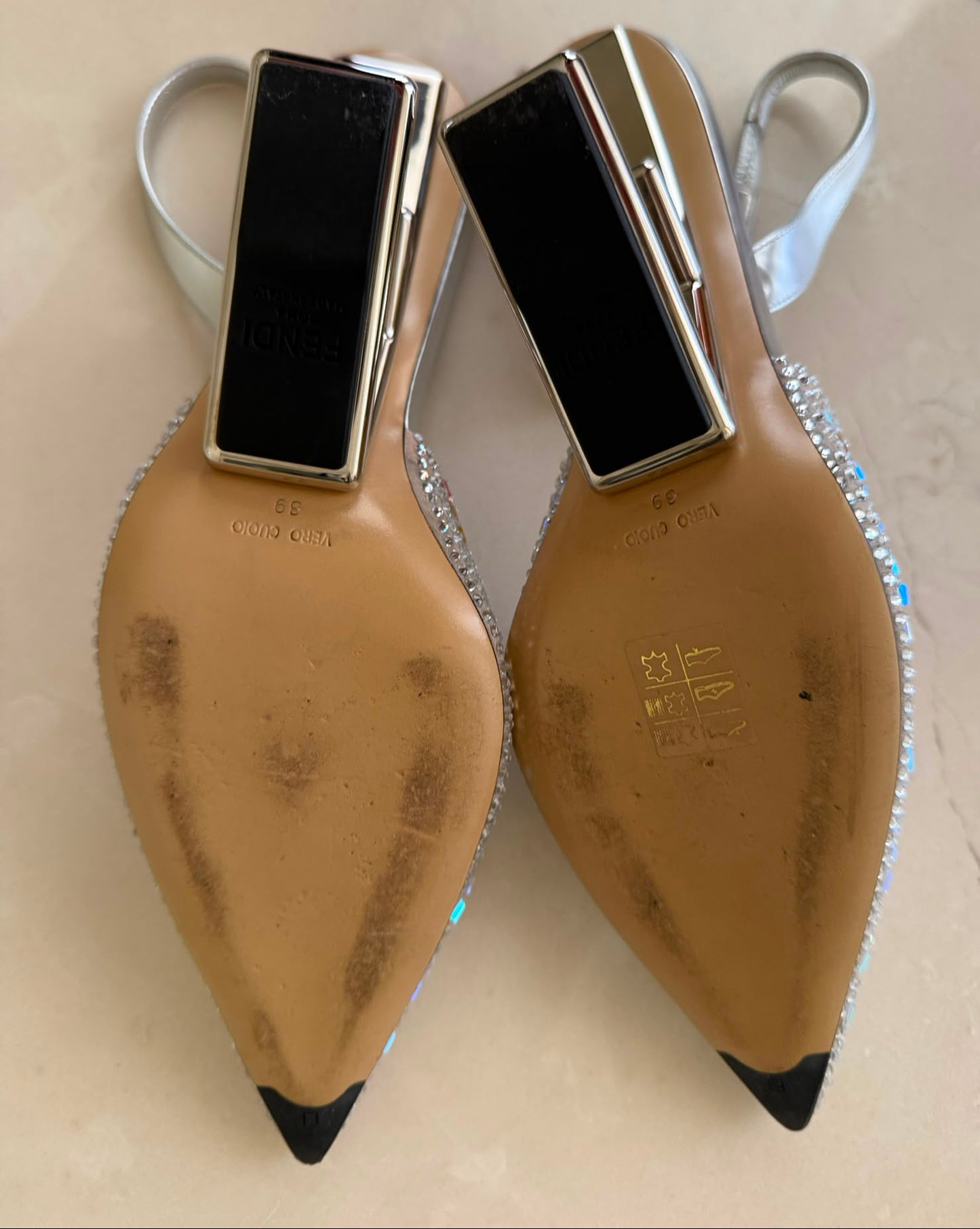 Authentic FENDI Roma Silver Crystal Slingback Pumps Sculptural Metal Heel Size IT 39 Excellent Condition