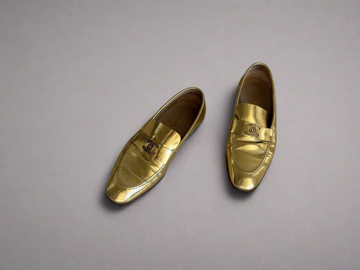 Chanel Metallic Gold Loafers – Size 38.5, Made in Italy | Iconic Luxury Shoes