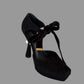 Authentic LOUIS VUITTON Black Suede Pearl Heel Platform Pumps with Velvet Ankle Ties EU 38 Made in Italy