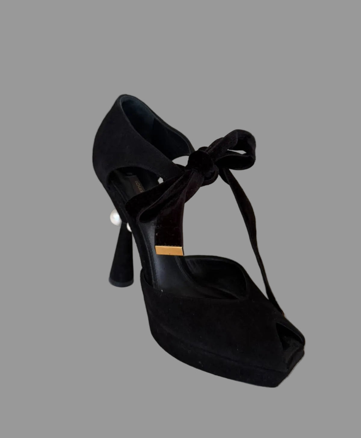 Authentic LOUIS VUITTON Black Suede Pearl Heel Platform Pumps with Velvet Ankle Ties EU 38 Made in Italy
