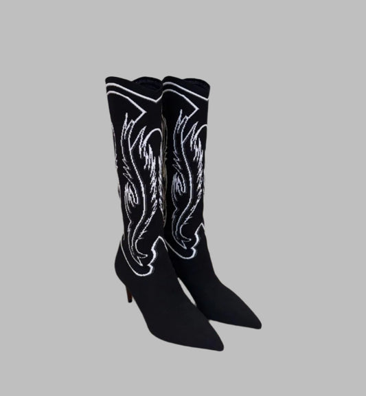 CHRISTIAN DIOR Black & White Flame Cowboy Boots – Size 38 | Luxury Designer Footwear