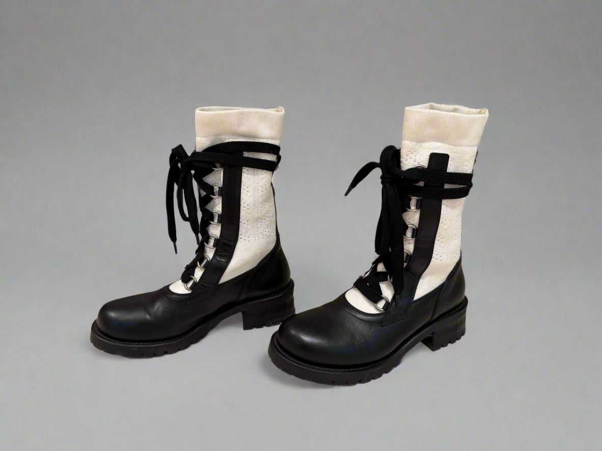 Christian Dior Black Leather & White Knit Lace-Up Combat Boots, Luxury Designer Footwear with Strap Details