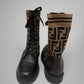 FENDI Women’s Black Leather Combat Boots with Iconic FF Knit Stretch Fabric Cuff – Elegant & Edgy Look