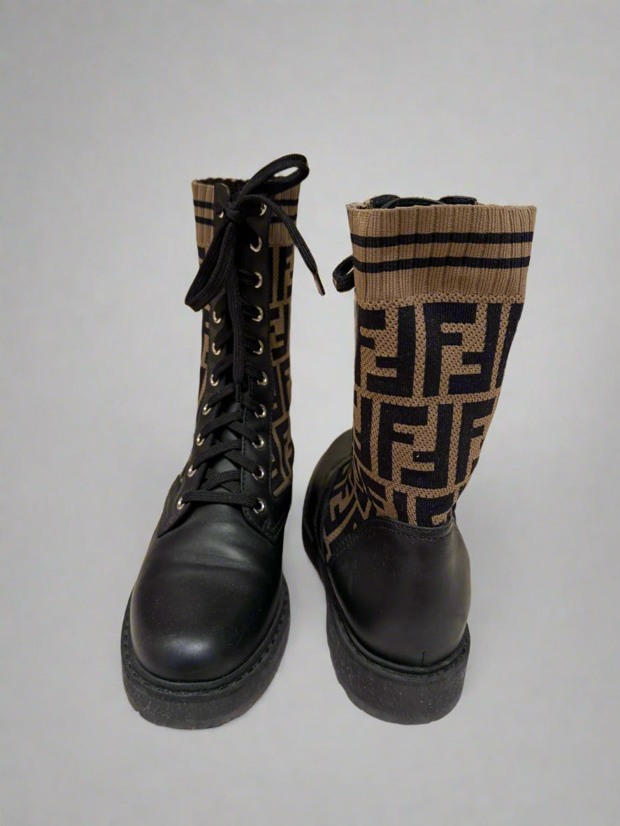 FENDI Women’s Black Leather Combat Boots with Iconic FF Knit Stretch Fabric Cuff – Elegant & Edgy Look