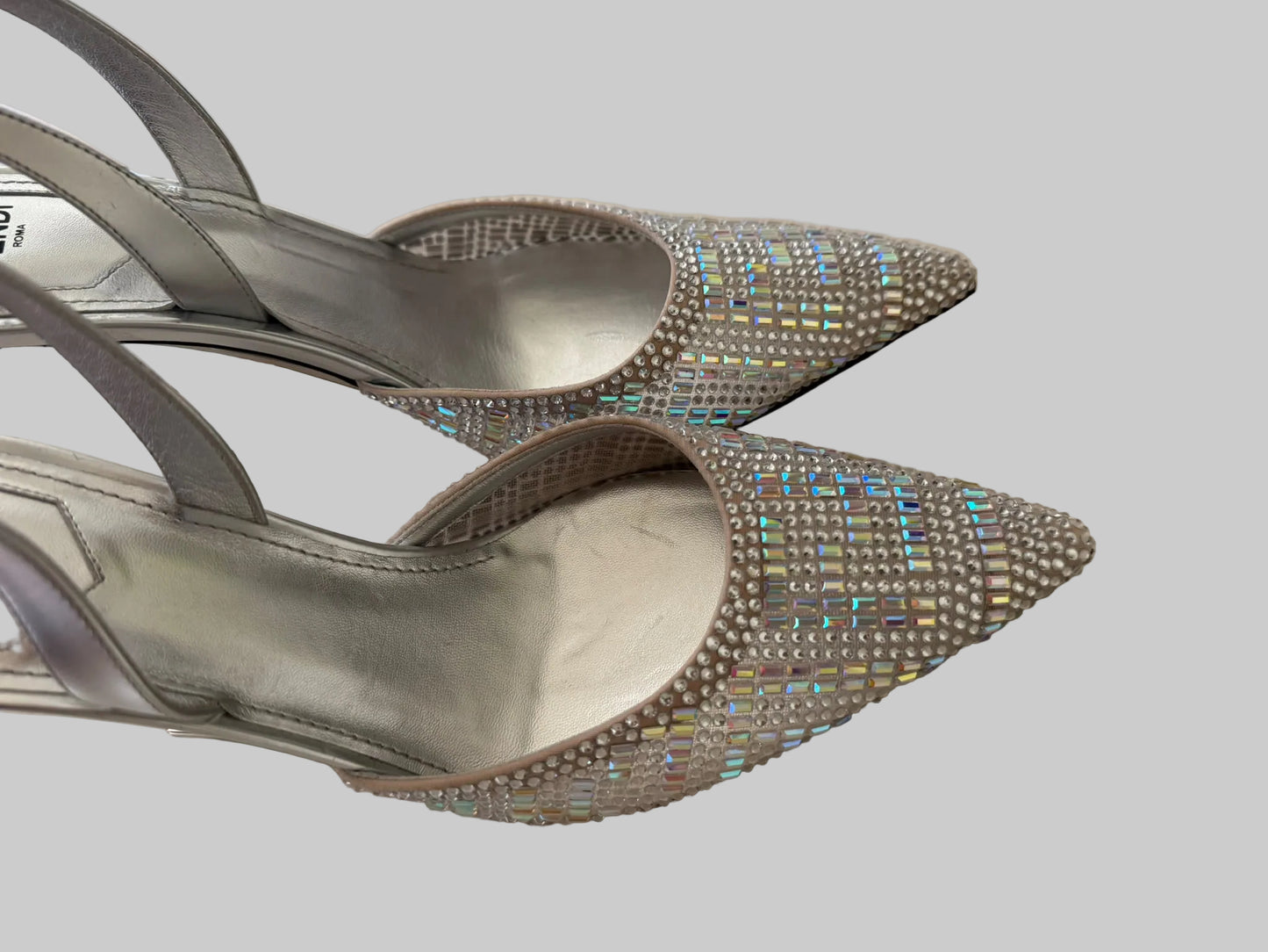 Authentic FENDI Roma Silver Crystal Slingback Pumps Sculptural Metal Heel Size IT 39 Excellent Condition
