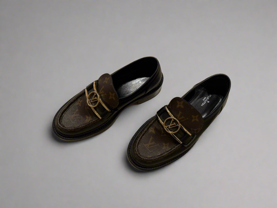 Louis Vuitton Monogram Loafers Size 38 – Black Leather and Monogram Canvas, Gold-Tone Hardware, Made in Italy