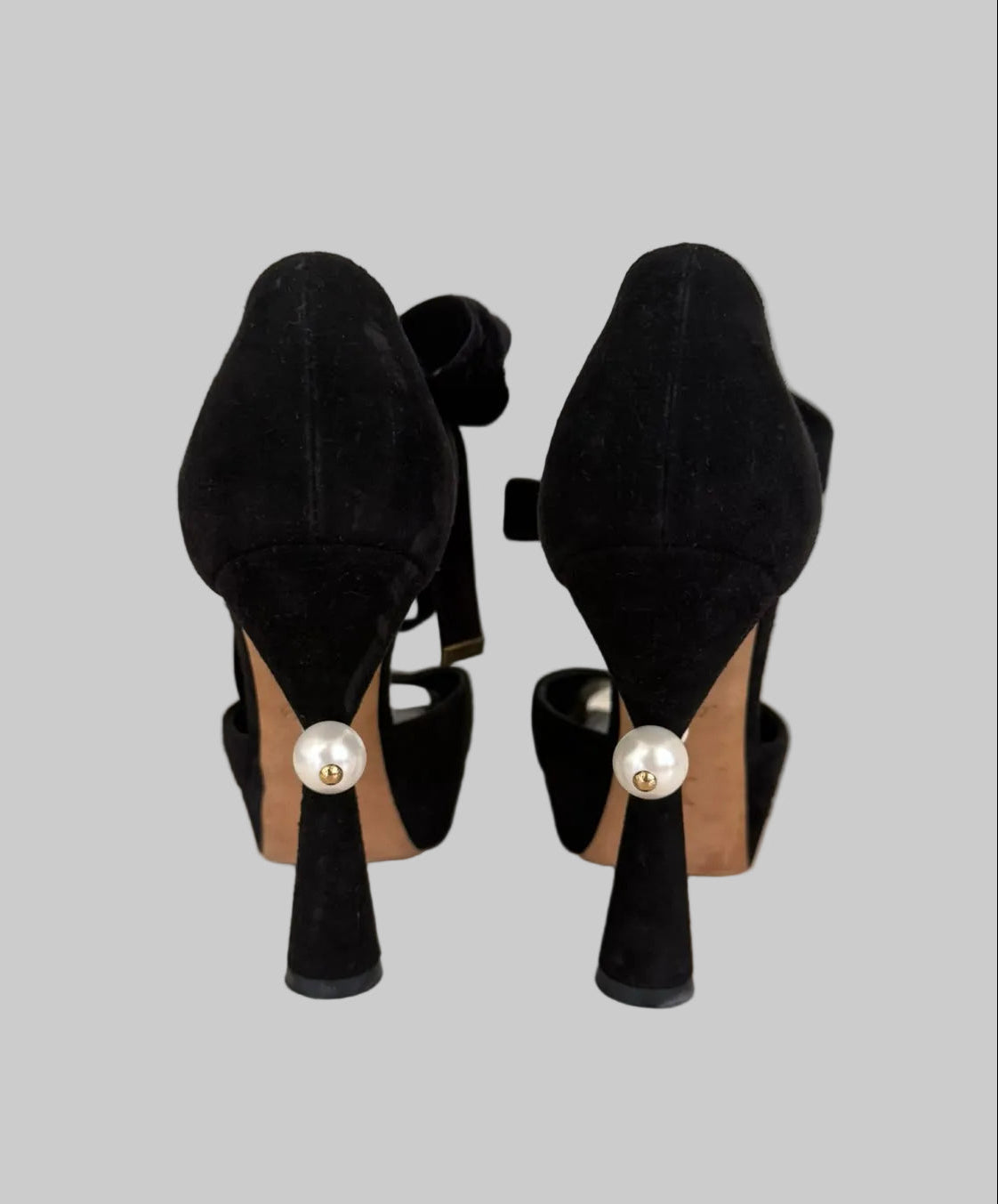 Authentic LOUIS VUITTON Black Suede Pearl Heel Platform Pumps with Velvet Ankle Ties EU 38 Made in Italy