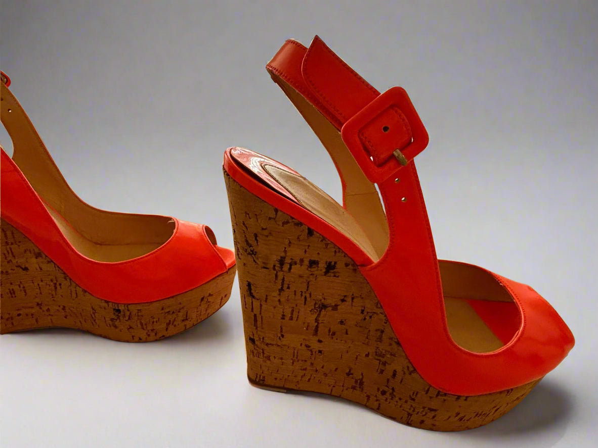 CHRISTIAN LOUBOUTIN Neon Orange Leather Une Plume Cork Wedge Platform Peep Toe Slingback Sandals Size 38