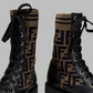 FENDI Black Leather Combat Boots with Knit Stretch Fabric Cuff – Size 37.5 | Very Good Condition