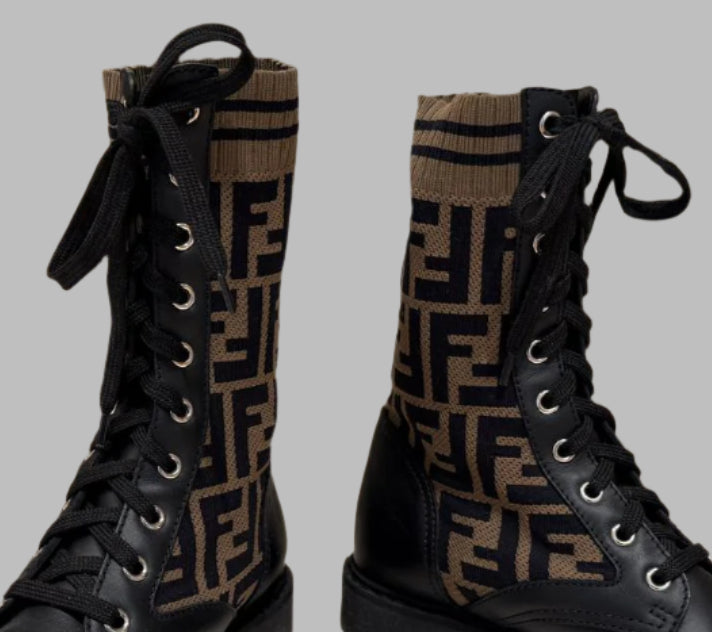 FENDI Black Leather Combat Boots with Knit Stretch Fabric Cuff – Size 37.5 | Very Good Condition