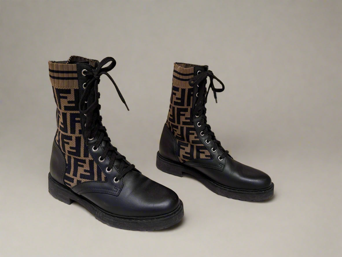 Authentic FENDI Black Leather Combat Boots with FF Monogram Knit Cuff – Stylish & Comfortable Designer Shoes