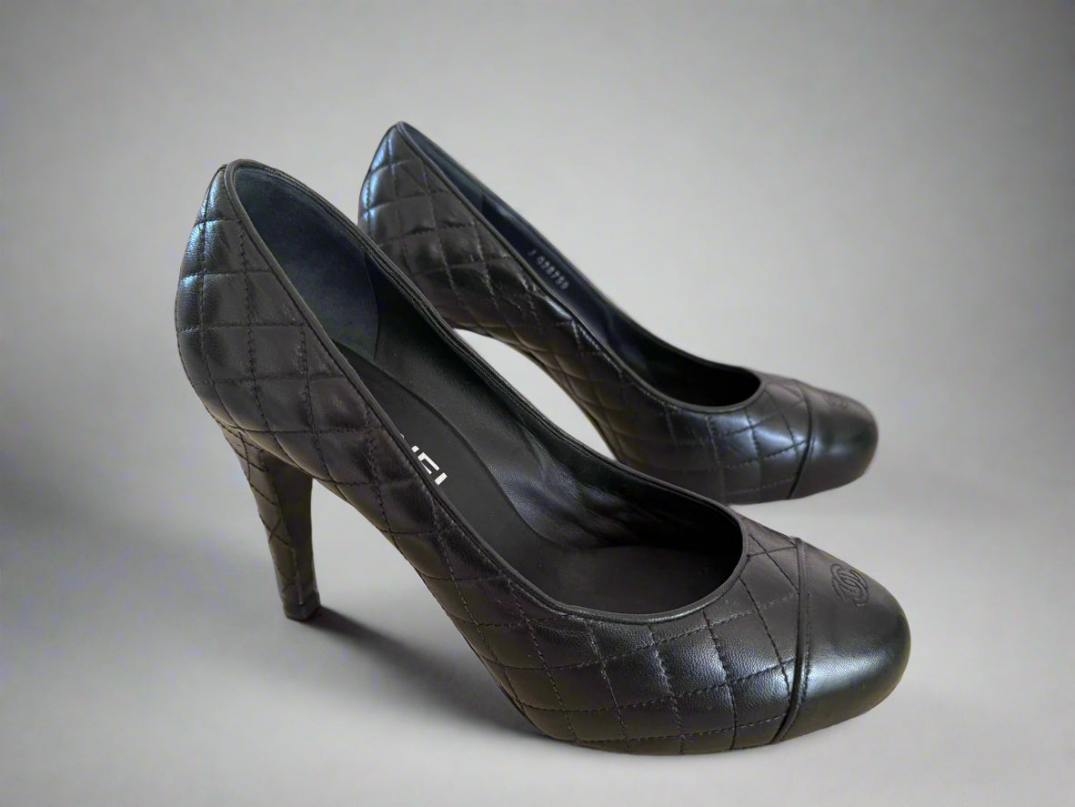 CHANEL Black Quilted Leather High Heels, Size 38 C - Timeless Elegance