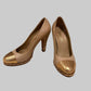 Chanel beige metallic gold leather cap toe chain platform pumps size 38.5