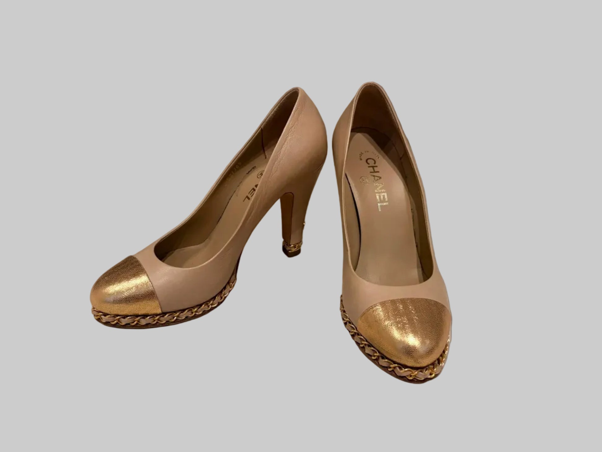 Chanel beige metallic gold leather cap toe chain platform pumps size 38.5
