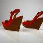 CHRISTIAN LOUBOUTIN Neon Orange Leather Une Plume Cork Wedge Platform Peep Toe Slingback Sandals Size 38