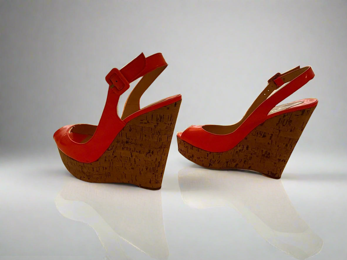 CHRISTIAN LOUBOUTIN Neon Orange Leather Une Plume Cork Wedge Platform Peep Toe Slingback Sandals Size 38