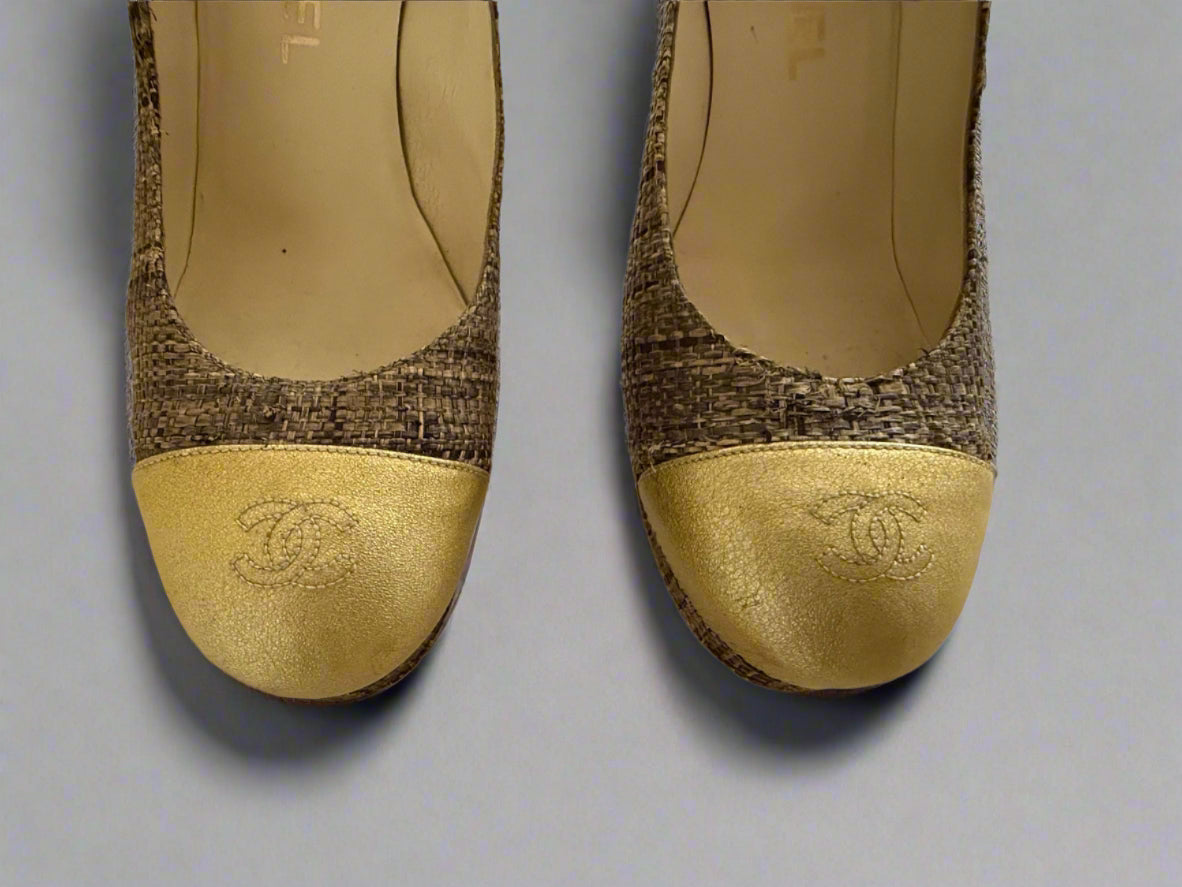 CHANEL Gold Leather & Woven Jute Round Toe Platform Pumps Size 37.5