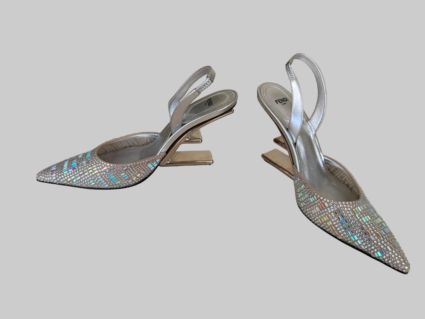 Authentic FENDI Roma Silver Crystal Slingback Pumps Sculptural Metal Heel