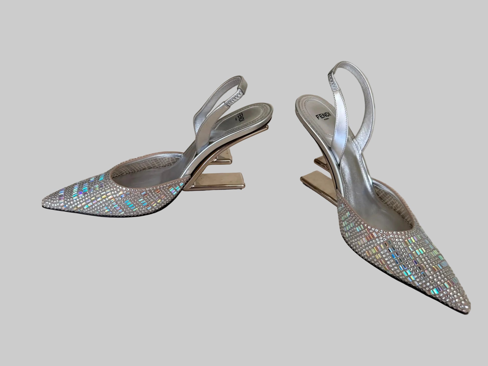 Authentic FENDI Roma Silver Crystal Slingback Pumps Sculptural Metal Heel