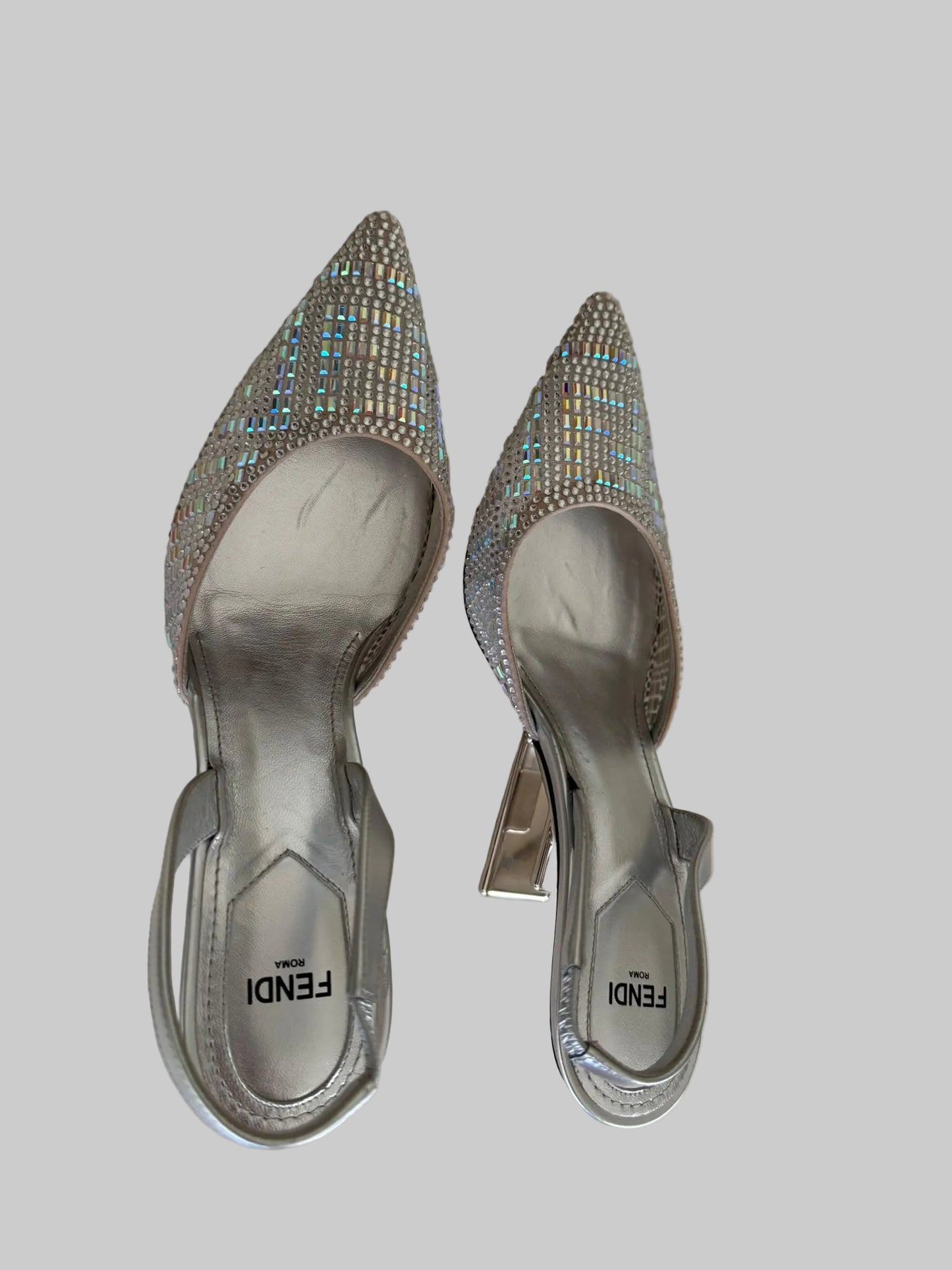 Authentic FENDI Roma Silver Crystal Slingback Pumps Sculptural Metal Heel Size IT 39 Excellent Condition