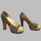 CHANEL Gold Leather & Woven Jute Round Toe Platform Pumps Size 37.5