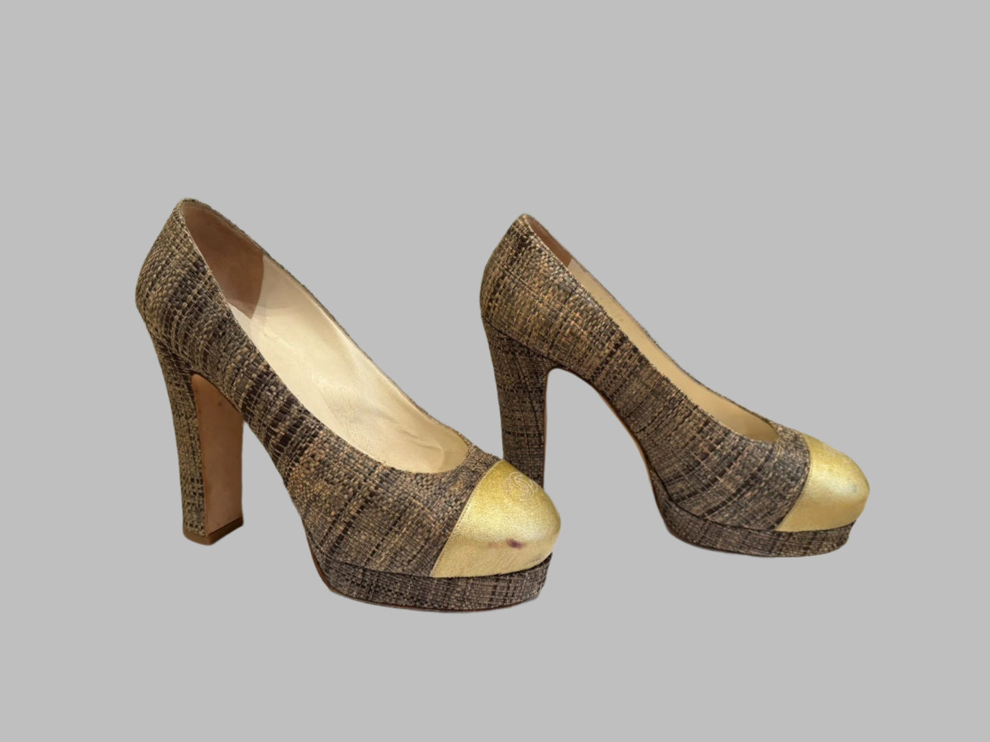 CHANEL Gold Leather & Woven Jute Round Toe Platform Pumps Size 37.5