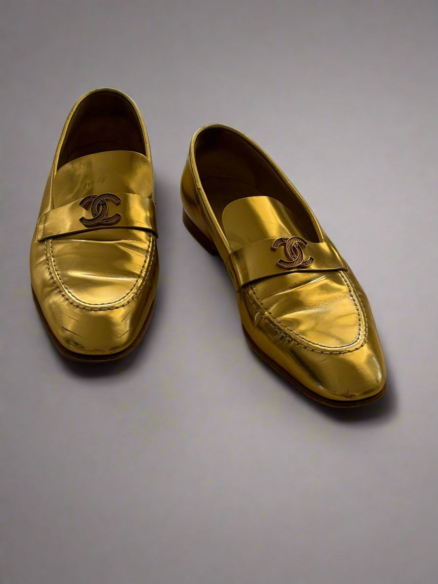 Chanel Metallic Gold Loafers – Size 38.5, Made in Italy | Iconic Luxury Shoes