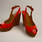 CHRISTIAN LOUBOUTIN Neon Orange Leather Une Plume Cork Wedge Platform Peep Toe Slingback Sandals Size 38