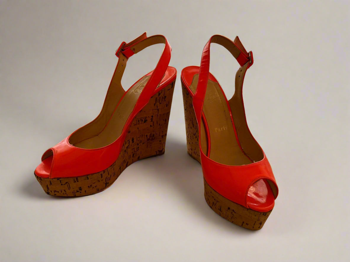 CHRISTIAN LOUBOUTIN Neon Orange Leather Une Plume Cork Wedge Platform Peep Toe Slingback Sandals Size 38