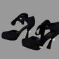 Authentic LOUIS VUITTON black suede pearl heel platform pumps with velvet ankle ties