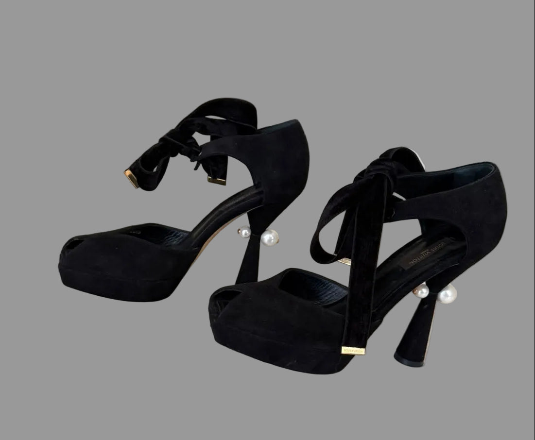 Authentic LOUIS VUITTON black suede pearl heel platform pumps with velvet ankle ties